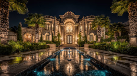 A grand house is presented with an impressive facade, a water feature, and illuminated night lights. The image showcases classical architectural details, lush landscaping, and a symmetrical composition. It suggests wealth and luxury, appropriate for real estate, travel, or lifestyle visuals, and suitable for a variety of media uses.の素材