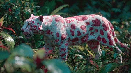 A leopard with distinctive pink and white spots is depicted amidst lush, green foliage. The artwork displays a photorealistic style with soft lighting and intricate details. The setting appears to be a dense forest or jungle environment. This image is suitable for various commercial uses, including illustrations and design projects.の素材