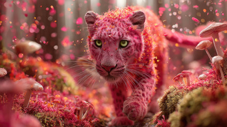 A stunning visual of a pink leopard emerging from a fantastical forest. The image features a vibrant color palette dominated by pinks and reds, with soft textures and diffuse lighting. The scene suggests a magical environment with glowing mushroom formations, ideal for creative commercial projects and imaginative editorial uses.の素材