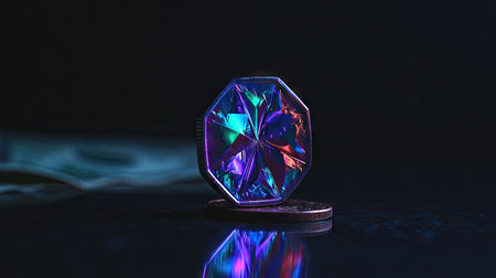 A close-up captures a geometric prism radiating vibrant hues of blue, purple, and green. The object rests on a dark surface, reflecting the colorful illumination. The image showcases intricate details and textures, suitable for design and editorial applications. The composition emphasizes light, color, and form within a minimalist setting.の素材