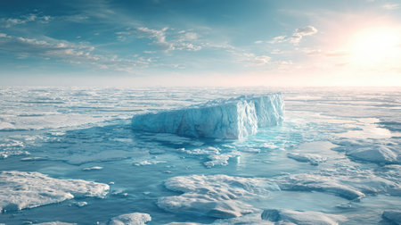 An iceberg is shown floating in a vast ocean covered in ice and snow. The scene features a cool color palette of blues and whites, with sunlight creating a bright, overhead glow. This image suggests themes of climate, exploration, and nature and is suitable for various commercial uses.の素材