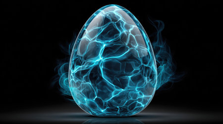 An illustration depicts an egg-shaped object. Its surface displays intricate, electric blue patterns, suggesting energy. The image showcases a smooth, translucent texture against a dark backdrop. The composition is likely suitable for various conceptual uses, including science, technology, or creative design projects.の素材