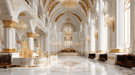 An expansive interior showcases elaborate architectural details. The scene features white walls, pillars with golden accents, and ornate ceilings. Sunlight streams through large windows, illuminating the polished floor. The overall style suggests a palatial setting, suitable for various editorial and commercial applications. The design is detailed and visually striking.の素材