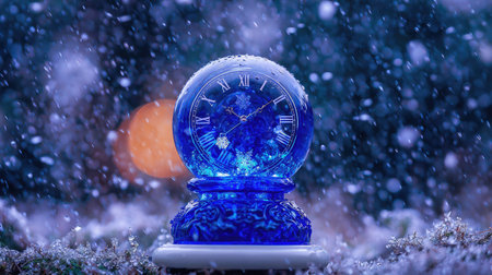 A radiant snow globe presents a clock face, set against a backdrop of falling snow. The blue hues illuminate the detailed design, while a soft blurred background adds depth. This imagery suggests themes of time, fantasy, and the holiday season, lending itself to various promotional or illustrative applications.の素材