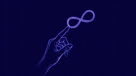 A hand delicately touches an infinity symbol, rendered in a luminous, neon style against a deep, dark backdrop. The artwork features a smooth, digital illustration with a minimalist aesthetic. This design could be suitable for various concepts like future, concept, or business usage.の素材