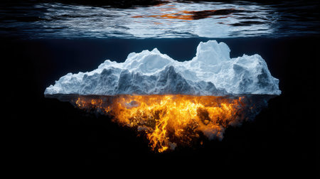An artistic depiction presents a visual dichotomy with an iceberg above and fiery flames beneath the water line. The composition features a contrast of cool blues and whites against vibrant oranges and yellows. The imagery suggests a symbolic representation suitable for various conceptual uses.の素材