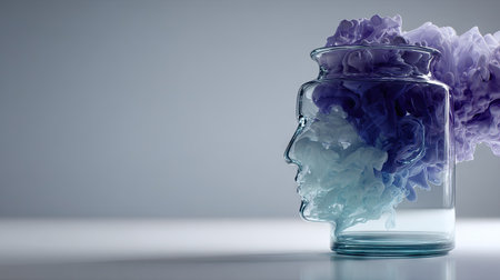 A glass jar shaped like a human face is filled with vibrant blue and purple cloud-like elements. The composition features a neutral background and soft lighting, creating a surreal and conceptual aesthetic. Suitable for illustrations about abstract ideas, concepts, and creative or artistic projects, this image can be used in different commercial contexts.の素材