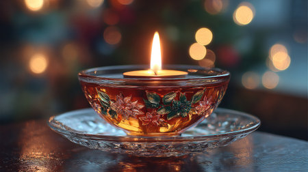 A single candle burns brightly in a glass bowl set on a decorative saucer. The image features warm colors and a shallow depth of field, with a blurred background of lights. The composition and lighting create a sense of tranquility and are suitable for various commercial uses.の素材