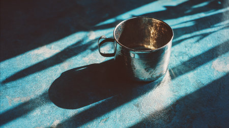 A shiny metal mug sits on a textured surface, possibly indoors. Sunlight casts long shadows, creating contrast and depth. The scene features blue and silver tones, highlighting the mug's form and texture. This image could be suitable for various commercial uses, including product visuals and lifestyle depictions.の素材