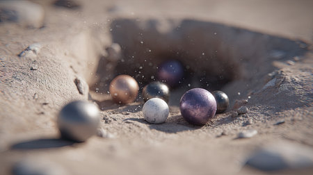 Various metallic spheres rest on a sandy surface, the scene is lit by soft, diffused light, suggesting an outdoor environment. The composition uses depth of field to draw attention to the foreground spheres while blurring the background. This image could be used for conceptual illustrations or commercial projects seeking a unique visual.の素材