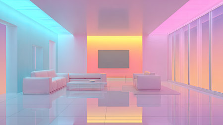 This image showcases a modern living room interior. It features white furniture set against walls bathed in gradients of pink, orange, and blue hues. The composition includes a sofa, coffee table, and large windows. The smooth textures and reflective surfaces suggest a polished aesthetic suitable for architectural or design applications.の素材