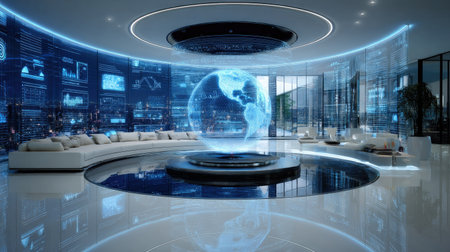 A spacious interior is dominated by a large globe, possibly displaying data or information. The overall design features curved lines, a polished floor, and numerous screens that suggest advanced technology. The lighting is predominantly blue, creating a futuristic ambiance. This scene could be used in various commercial or editorial projects relating to technology and innovation.の素材