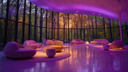 This image showcases a modern interior space with curved seating arrangements and soft lighting. The scene features a combination of purple, yellow, and green hues, reflecting a tranquil environment. The composition includes an expansive window offering a view of a lush forest, creating a blend of artificial and natural elements. It may be suitable for architectural design, interior design, or lifestyle publications.の素材