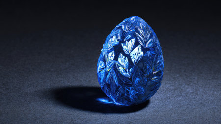 A close-up image presents a stylized blue object with a detailed leaf pattern carved into its surface. The object is illuminated by a subtle light source, creating shadows on a dark background. The composition suggests potential applications in design, decorative art, or concept illustrations. The style is modern and focused on detail.の素材