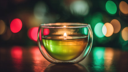 A close-up captures a lit candle in a clear glass bowl, showcasing a warm glow against a blurred, colorful background. The image features a shallow depth of field, highlighting the candle's flame. The overall composition creates a cozy, inviting atmosphere suitable for various visual communication projects.の素材