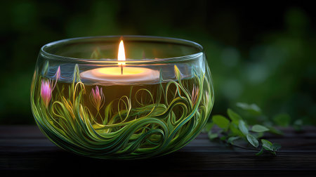A candle burns inside a decorative glass bowl, casting a warm glow. The bowl features a floral design, with green and pink hues adding visual interest. The composition uses soft lighting and a blurred background, suggesting a natural outdoor setting, and can be used for various commercial projects.の素材