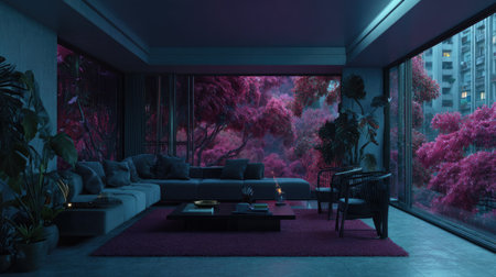 An interior space features a modern design, highlighted by expansive windows offering views of lush pink trees and city architecture. The scene incorporates soft lighting, creating a tranquil atmosphere. Suitable for use in lifestyle or design publications and various commercial purposes.の素材