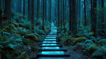 A pathway with glowing steps leads through a dense forest of tall trees. The scene is illuminated by soft light, creating an atmospheric and serene ambiance. The composition features a natural environment with verdant foliage. This imagery could be used for various commercial or editorial projects needing a visual of a trail.の素材
