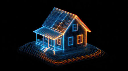 An illuminated house model glows with neon blue and orange lines against a dark backdrop. The structure features a roof with solar panels, suggesting renewable energy. The composition showcases a modern aesthetic with contrasting colors. This image is suitable for illustrating themes related to sustainable living and technology.の素材