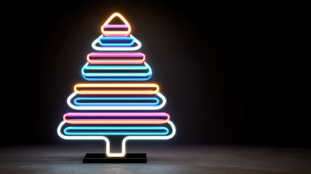 A vibrant neon Christmas tree illuminated against a deep black background. The artwork displays layered, colorful lines, creating a festive appearance. The composition emphasizes the tree's form with sharp lines and a gradient of colors. Suitable for various design projects, including digital content and seasonal marketing materials.の素材