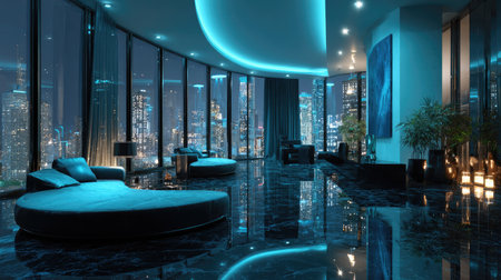 An interior space features a modern design, with expansive windows framing a cityscape at night. The room showcases shades of blue and black, with a reflective floor and ambient lighting. Furniture includes rounded sofas and decorative elements. This imagery could be used for architectural concepts or commercial marketing materials.の素材