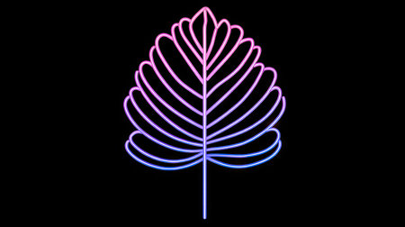 An illustration features a neon-style leaf, rendered with lines in shades of purple and blue. The artwork is set against a black background, emphasizing the glowing effect. This image is likely suitable for use in design projects or as a decorative element with potential applications in diverse creative contexts.の素材