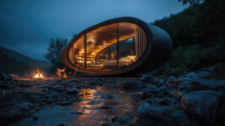 A futuristic cabin, shaped like an elongated pod, is set against a mountain backdrop. Its interior glows from within, showcasing a bedroom and interior lighting. The scene is bathed in cool, blue hues with warm light from a fire pit. This image is suitable for architectural, travel, or lifestyle projects.の素材