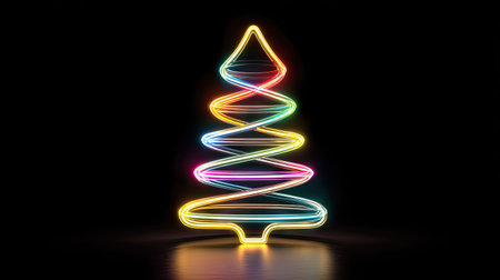An illuminated Christmas tree rendered in a vibrant neon style dominates the image. The tree features a spiraling design with multiple colors. The composition is set against a dark background, and there's a subtle reflective surface. Suitable for holiday themed promotions or editorial content.の素材