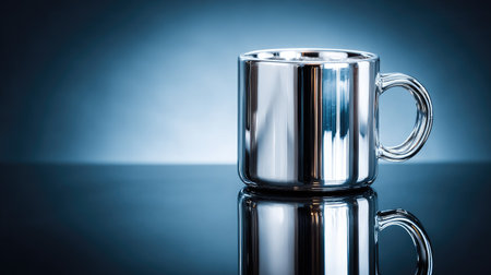 A close-up captures a gleaming, chrome mug sitting on a reflective plane. The smooth surface of the mug reflects surrounding light, and the composition is set against a gradient blue backdrop. The image utilizes light and shadow, and could be appropriate for advertising and design projects.の素材