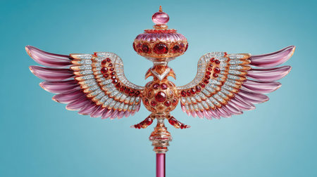 An elaborate scepter, featuring a winged design, is presented against a teal backdrop. The artwork showcases a composition of jewel-like elements and intricate detailing. Soft lighting highlights the scepter's textures and colors. This image could be used for fantasy, design, or decorative purposes.の素材
