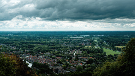 An overhead perspective reveals a town nestled within a verdant landscape under a dramatic, overcast sky. The image features a blend of natural greens and earthy tones with soft, diffused lighting. It depicts a wide view, potentially suitable for editorial content or commercial applications.の素材