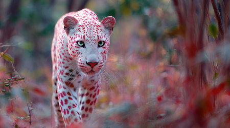A magnificent white leopard strides through a colorful forest. Its spotted coat contrasts with the blurred red and green foliage. The scene is bathed in soft lighting, highlighting the animal's striking blue eyes. Suitable for nature documentaries, wildlife conservation content, and editorial features.の素材