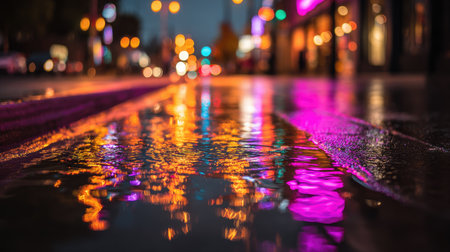 Close-up shot captures vibrant reflections on a wet street surface. Illumination from streetlights and signs creates streaks of orange, purple, and green. The shallow depth of field suggests an urban environment at dusk or night, suitable for various commercial applications.の素材
