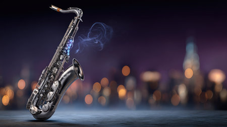 A silver saxophone is the central focus, emanating wisps of stylized smoke. The instrument is prominently displayed against a backdrop of bokeh lights and a cityscape silhouette. The image features a cool color palette with strong lighting. It could be used for musical promotion or creative design.の素材