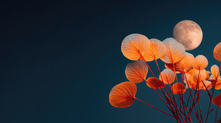 This image showcases orange plant leaves contrasted against a dark blue background. The composition includes a full moon, suggesting a nighttime or dusk setting. The style employs soft lighting, possibly indicating an artistic or illustrative approach. The image is suitable for various commercial uses, including website design and editorial content.の素材