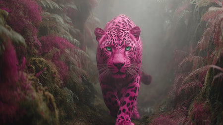 A pink leopard is seen walking forward, its gaze directed towards the viewer, surrounded by a vibrant, artistic representation of lush foliage. The image displays a stylized aesthetic with soft lighting and bold color choices, suggesting a mystical or dreamlike environment. Suitable for various creative projects, including editorial features and visual design.の素材