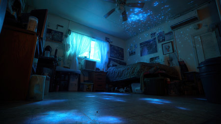 An interior shot reveals a room bathed in blue light, likely at night. The scene captures the interior of a room, illuminated by a combination of light and shadow, with a projection on the ceiling resembling stars. The composition shows the items inside, suggesting a domestic setting, that could be used for various purposes.の素材
