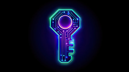 An illuminated key design is presented against a stark black backdrop. The key, styled as a circuit board, features vibrant neon lines and hues of blue, green, and purple. The composition uses a circular structure, enhancing the subject's prominence. Suitable for uses in design and editorial content.の素材