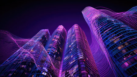 High-angle perspective captures skyscrapers at night, enhanced by neon light trails. The buildings feature illuminated windows, reflecting artificial lighting. A dark background provides contrast for the vibrant colors, with possible use in design, technology, or urban-themed advertising. The photograph displays a modern architectural aesthetic.の素材