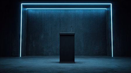A dark, empty stage features a podium under a glowing neon blue rectangular frame. The scene is illuminated by a subtle light, creating a mysterious atmosphere. The image could be used for various promotional materials or presentations, and other commercial purposes, with copy space available.の素材