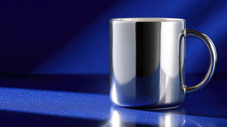 A close-up view presents a reflective silver mug against a dark blue gradient backdrop. The studio lighting highlights the metallic surface. The image could be suitable for product promotion, illustrating concepts related to beverages, or design elements for various commercial applications.の素材