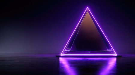 A glowing neon triangle, rendered in a futuristic style, is placed against a dark background. The scene showcases vibrant purple light reflecting on the smooth surface, creating depth. This image is suitable for digital design, advertisements, and various commercial projects requiring modern aesthetics.の素材