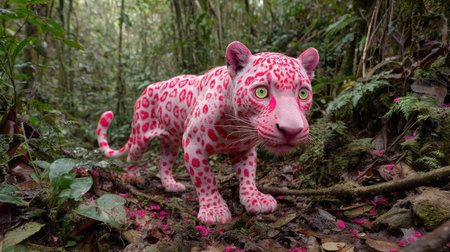 A pink-colored leopard with distinctive patterns is depicted in a digital art style. The creature stands in a verdant forest, surrounded by dense foliage and greenery. The artwork features vibrant colors, emphasizing the fantastical and creative aspects. Suitable for various design projects and visual content creation.の素材