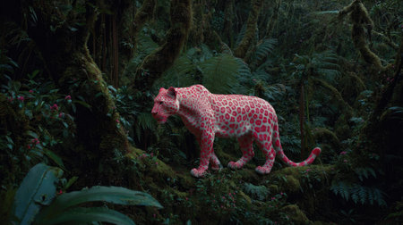 A pink-colored leopard is depicted walking amongst dense foliage. The image features a blend of vibrant colors and intricate details. The setting appears to be a lush, tropical forest with varying shades of green. This illustration could be used for various design projects and commercial applications.の素材