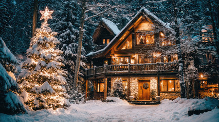 A cozy cabin with illuminated windows sits nestled in a snowy forest. A decorated Christmas tree glows with festive lights, while the surrounding trees are dusted with snow. The image captures a serene winter scene with warm lighting, suggesting a sense of peace and potential for holiday-themed commercial projects.の素材