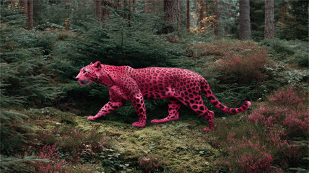 A pink leopard strides through a dense forest setting, its spotted coat contrasting against the surrounding greenery. The image features a side view of the animal, highlighting its form. The scene uses natural lighting and offers potential for various applications including editorial, illustrative, and decorative projects.の素材