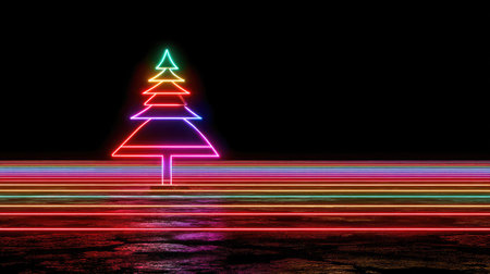 A neon Christmas tree glows against a black background, intersected by vivid horizontal lines of color. The artwork exhibits a futuristic, minimalist style, with flat lighting and vibrant hues of red, green, and purple. This image could be utilized in various digital designs, including graphic design, social media, and holiday promotions.の素材