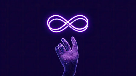 An illuminated infinity symbol hovers above a raised hand in this digitally rendered image. The artwork employs vibrant neon colors, with the symbol glowing against a dark backdrop. The composition features a low-angle shot, suggesting a creative or conceptual theme. This imagery is suitable for various design, marketing, and editorial purposes.の素材