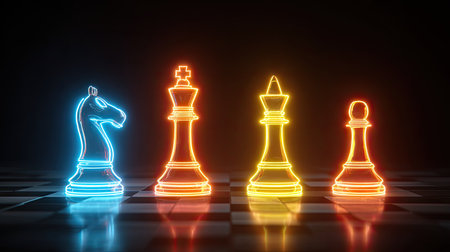 Four chess pieces are depicted with neon outlines, casting a vibrant glow. The knight, king, queen, and pawn stand on a checkered board, set against a dark background. The scene showcases bright colors and dynamic lighting, suggesting strategy and competition, suitable for various editorial and promotional applications.の素材