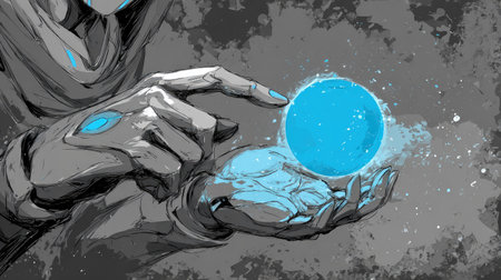 A grayscale illustration features a hand delicately holding a vibrant blue sphere. The artwork showcases a digital painting style, with soft textures and subtle lighting. The image evokes a sense of fantasy and wonder, suitable for use in various creative projects. The composition might be useful for conceptual designs.の素材
